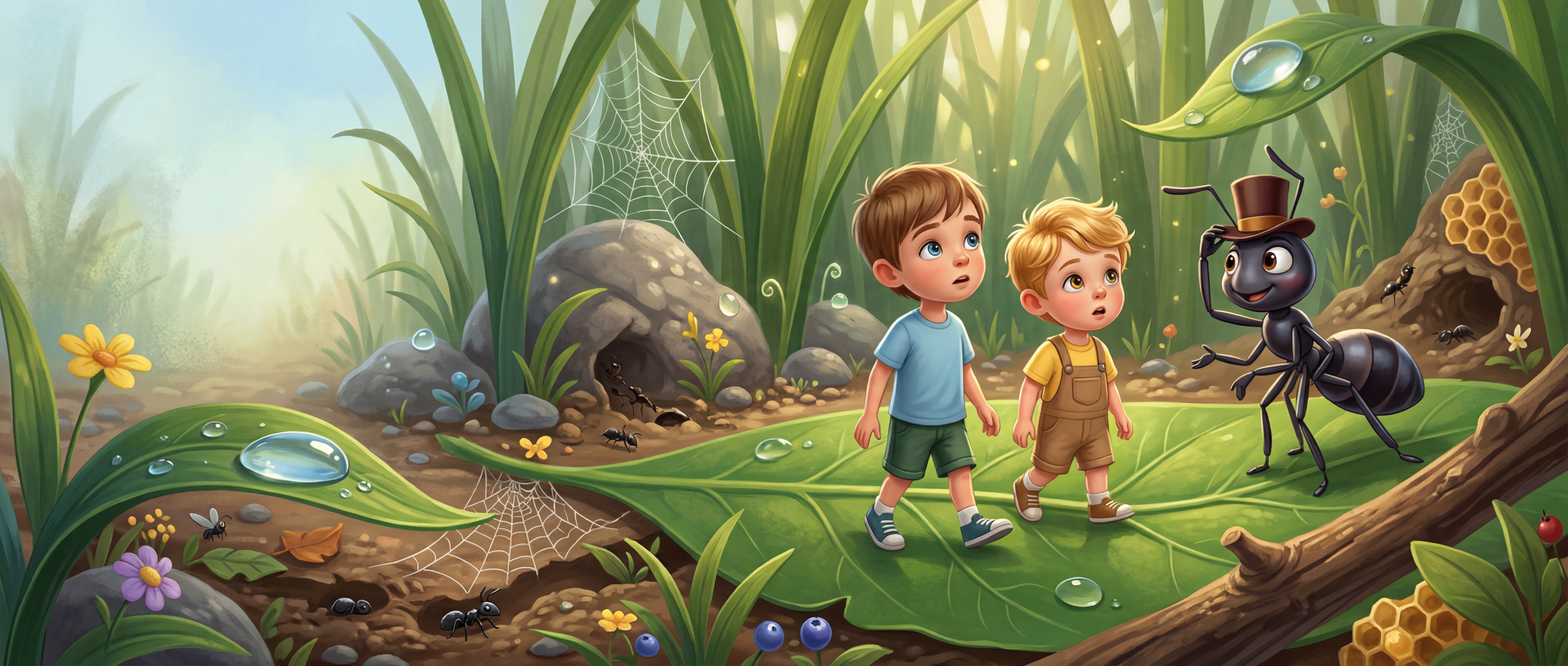 A wide shot of an open book with a whole living world underneath it \u2014 forests, rivers, creatures, and ecosystems emerging from the pages