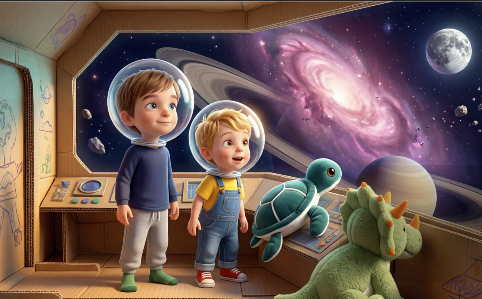 Two young brothers in a cardboard spaceship with their stuffed animal crew, gazing out at a galaxy through the window