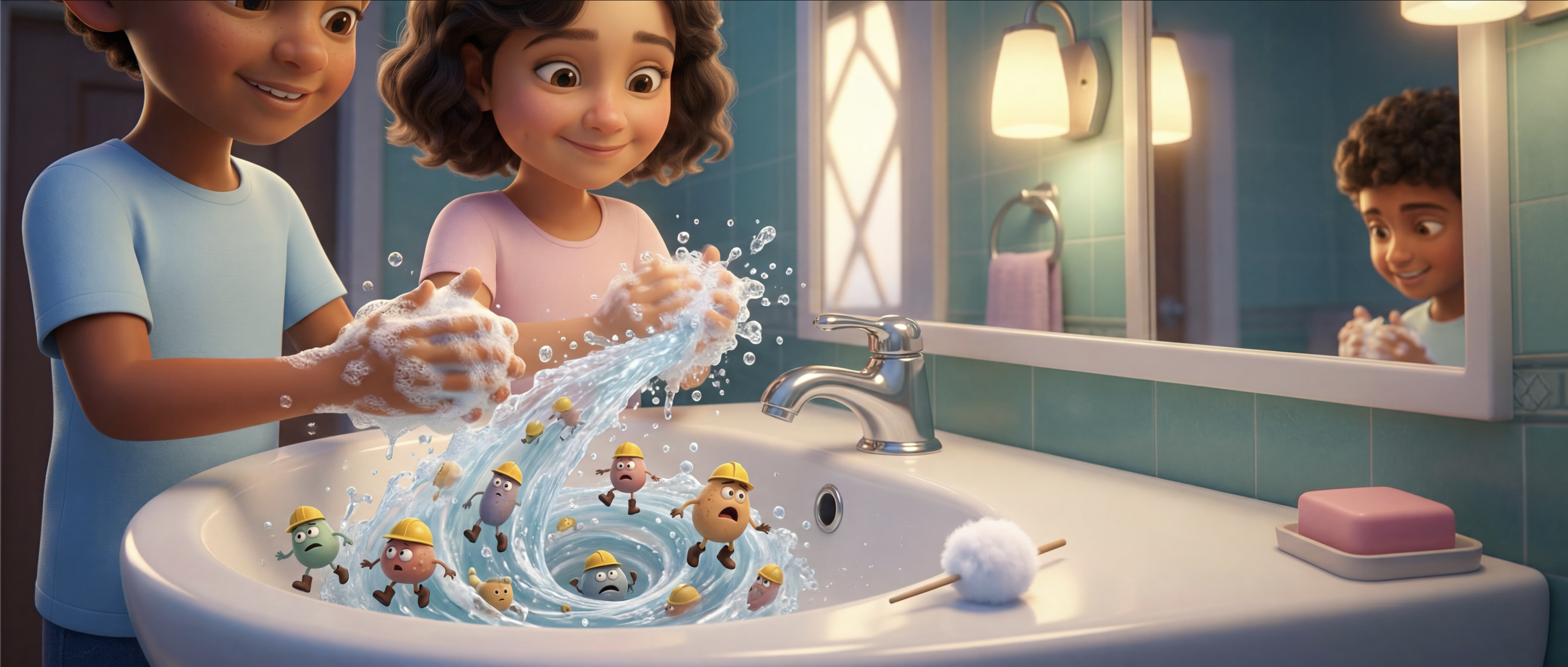 A snapshot from the Enchantably germ/hand-washing story, where washing hands activates a child's superpower