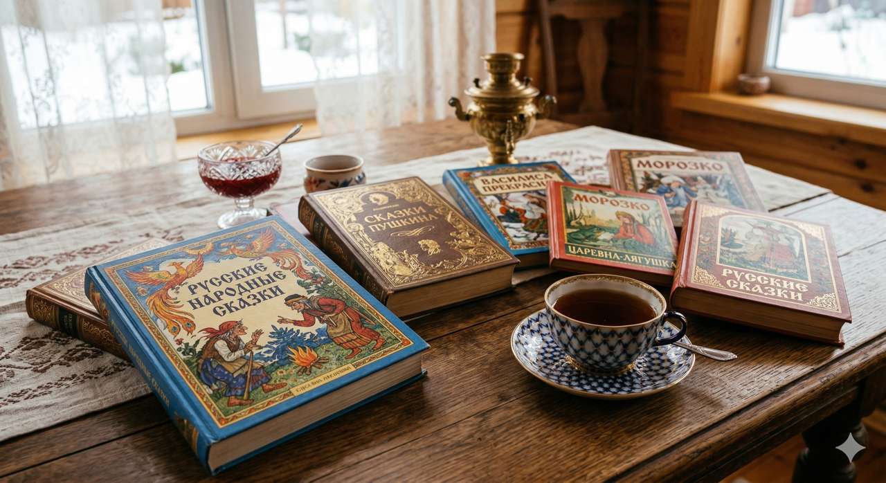 Classic Russian children's fairy tale books spread across a wooden table with a samovar and traditional tea cup