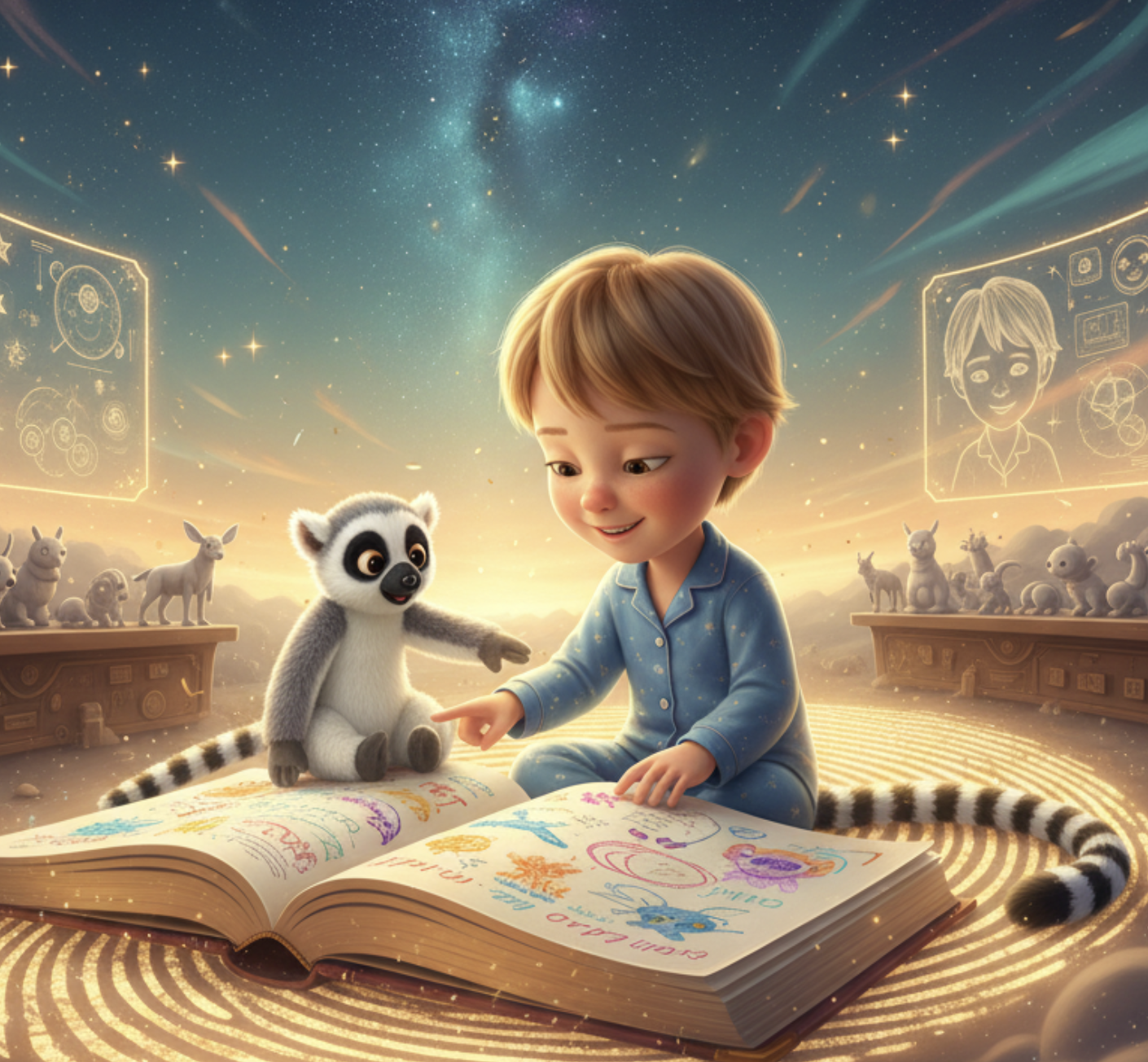 An AI-generated illustration showing a child with an unexpected lemur tail