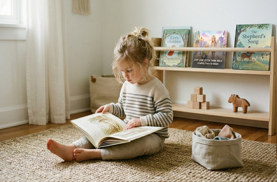 A child reading quietly in a calm, minimal room with wooden toys and a few carefully chosen books