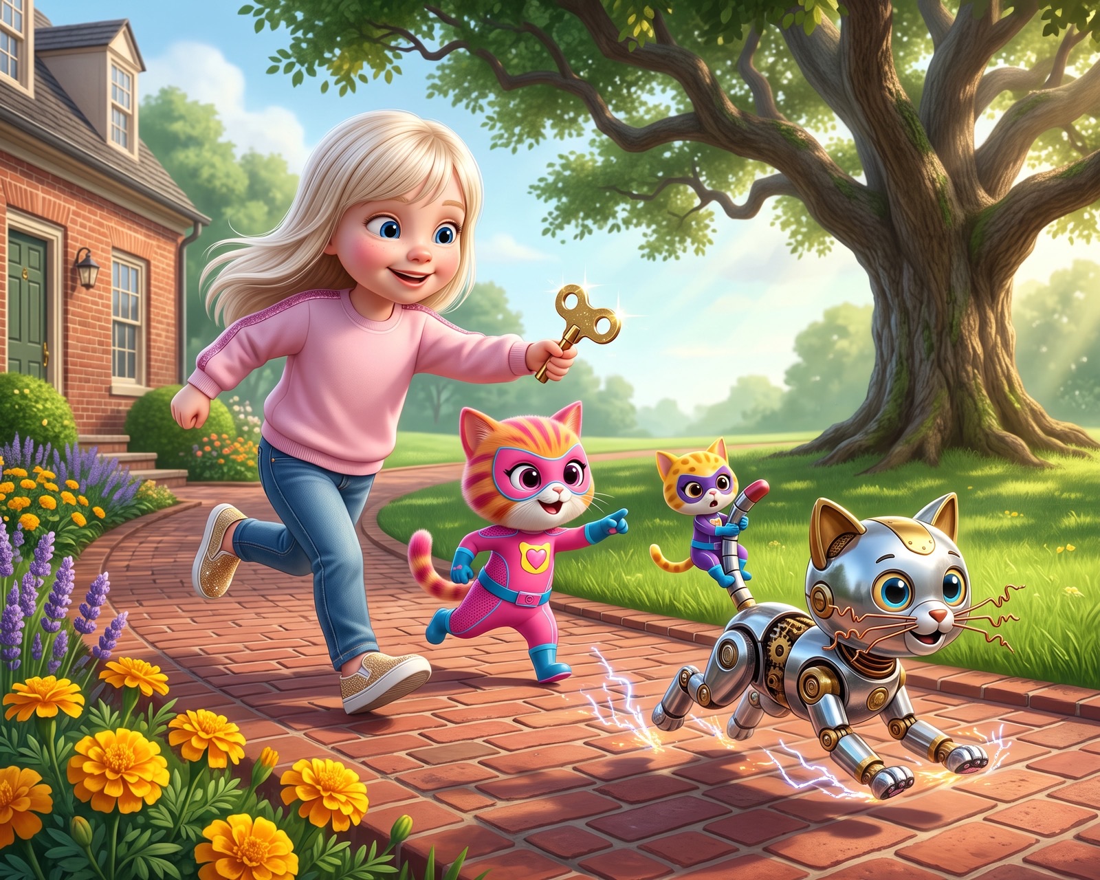 Cover of Sparks and the Zooming Kitten: a girl chases her runaway robot cat down a brick path with a golden wind-up key