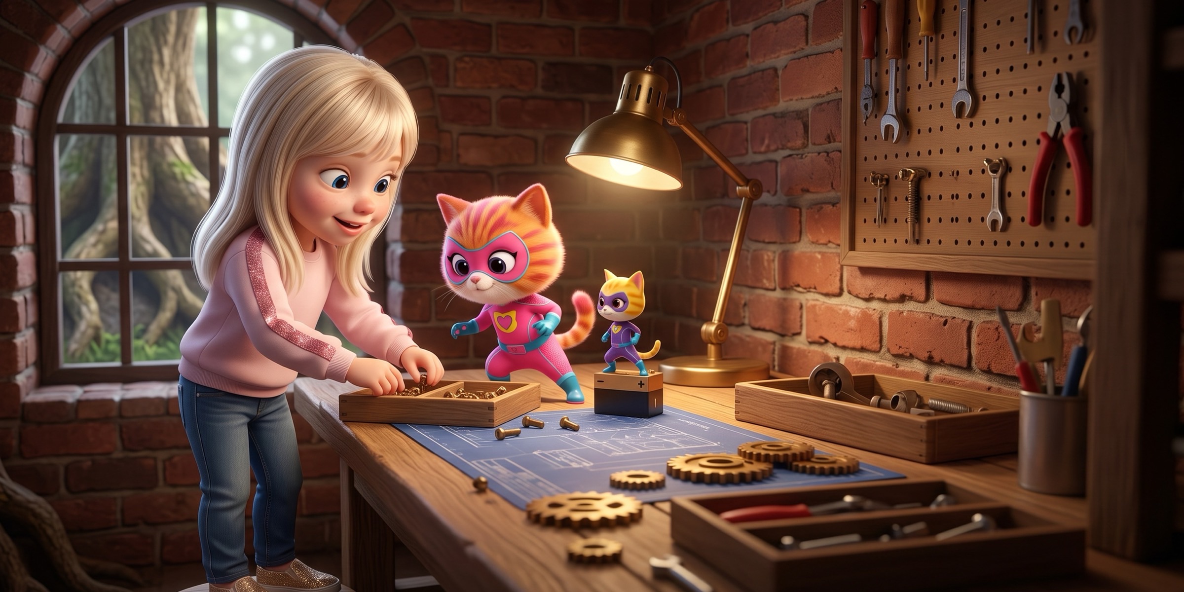 Virginia sorts bolts and gears at a workbench in a brick workshop while her toy cats Ginny and Sparks watch