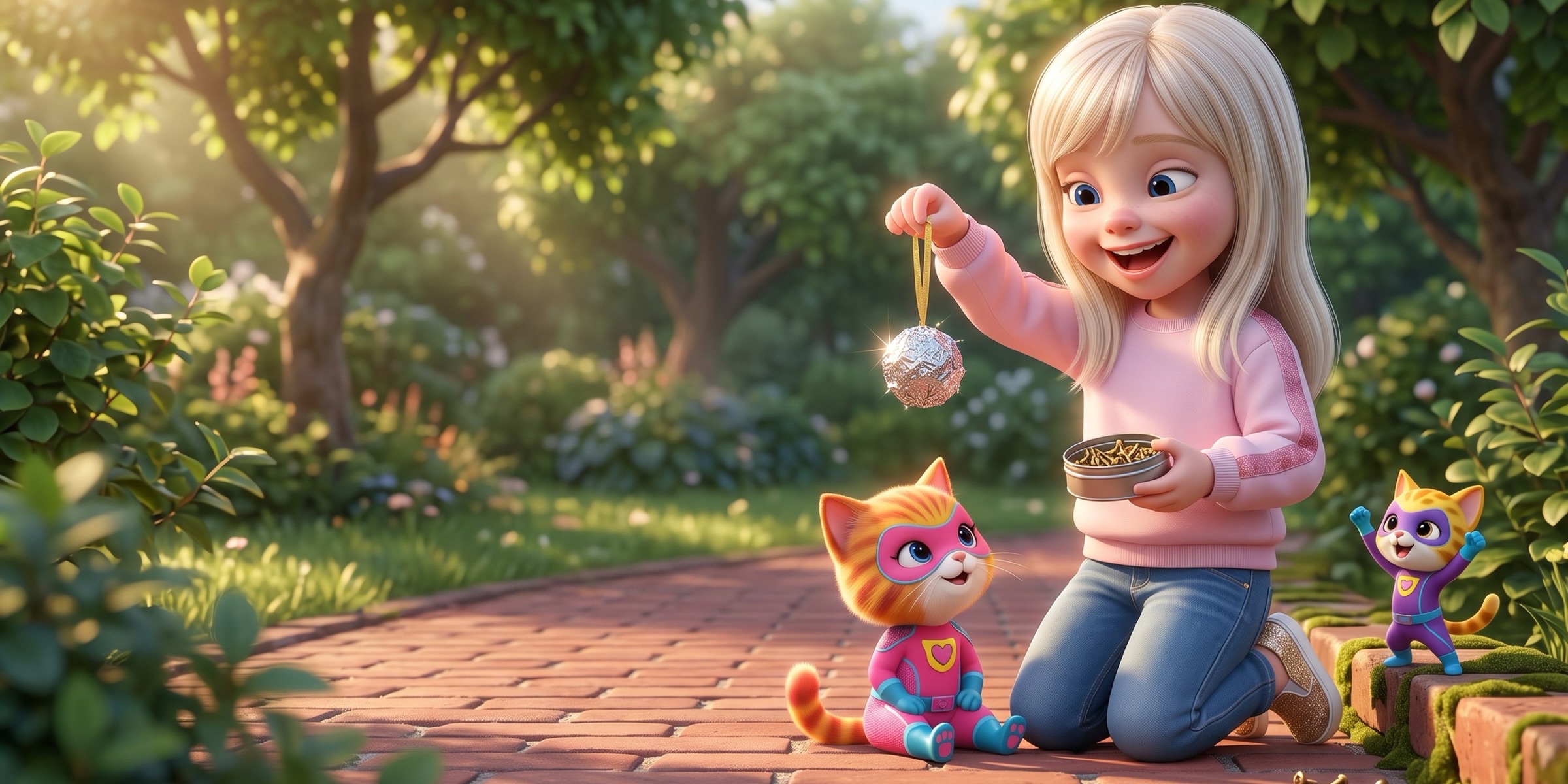 Virginia kneels on the garden path, shaking a tin of screws and dangling a shiny tinfoil ball