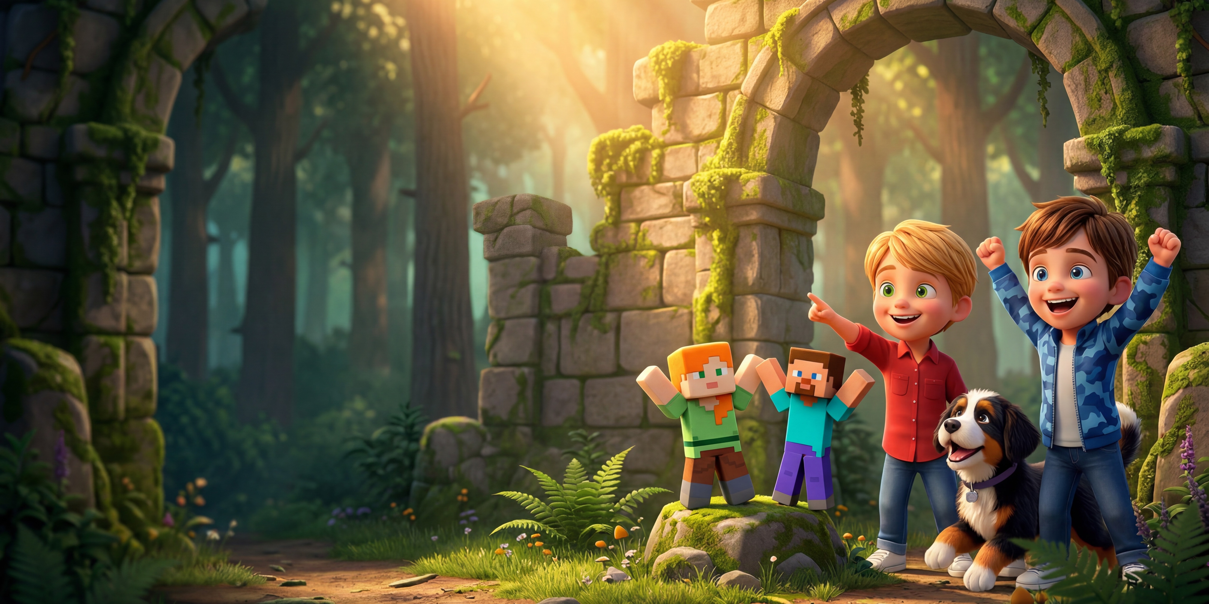 Two boys and their dog discovering a glowing green cavern with their Minecraft plush toys