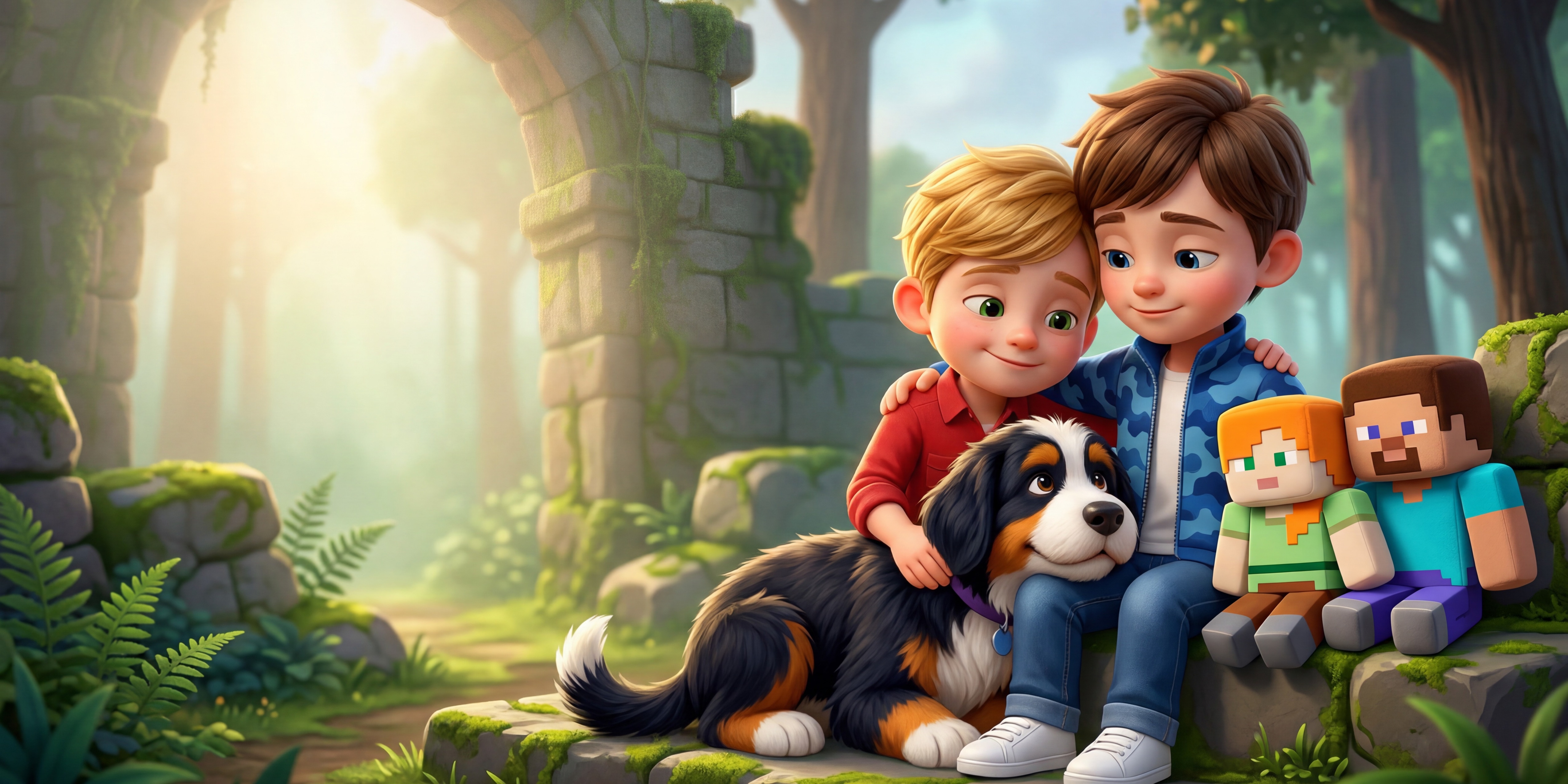 Two boys and their dog heading back toward daylight at the cave entrance