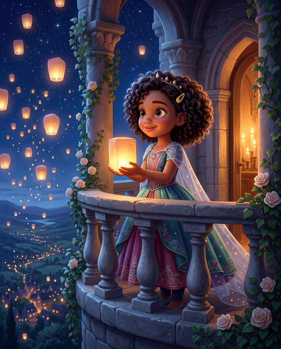 A young girl in a ball gown holding a paper lantern on a moonlit castle balcony