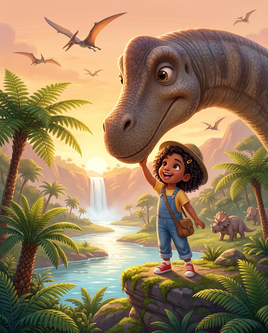 The same girl on a rock, reaching up to touch the nose of a huge friendly dinosaur