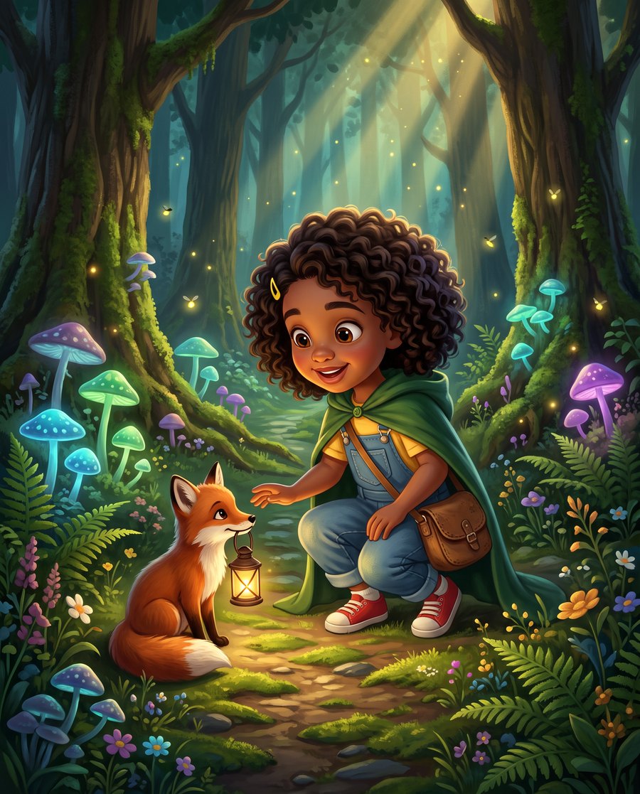 The same girl kneeling on a glowing forest path, reaching out to a fox with a lantern